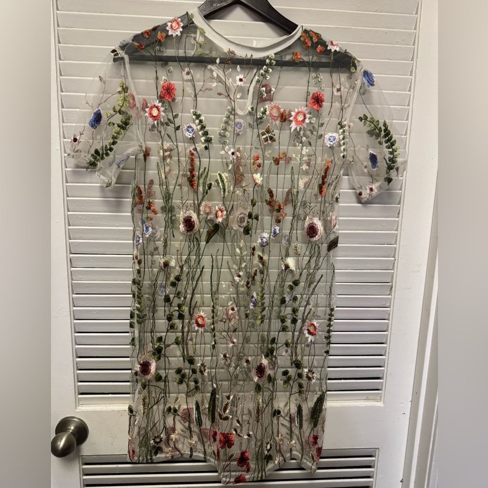 Boohoo Sheer Dress with Floral Embroidery Size 4
